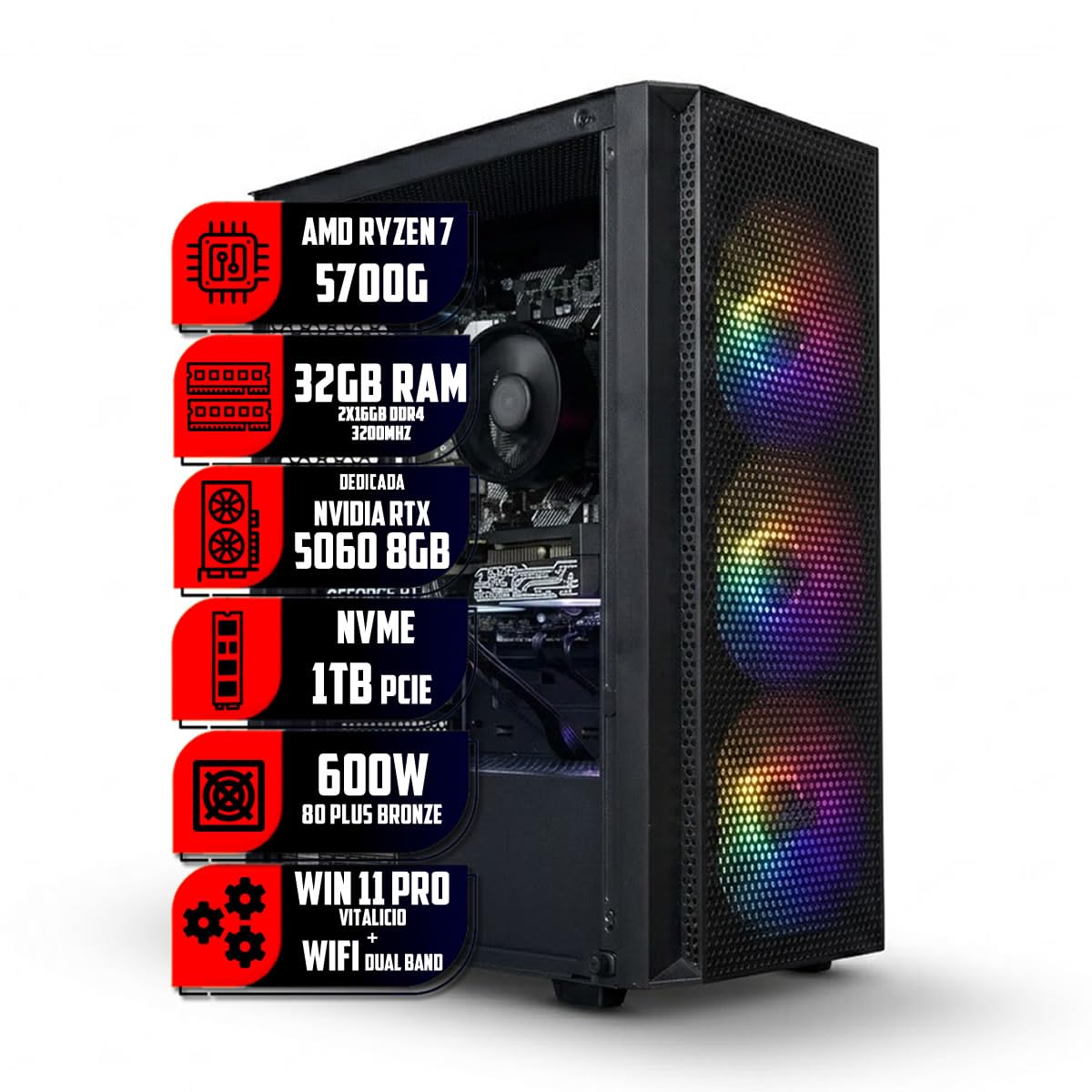 PC Gamer Titan Ryzen 7 5700G, 16GB RAM, SSD NVMe 1TB, RTX 5060 8GB