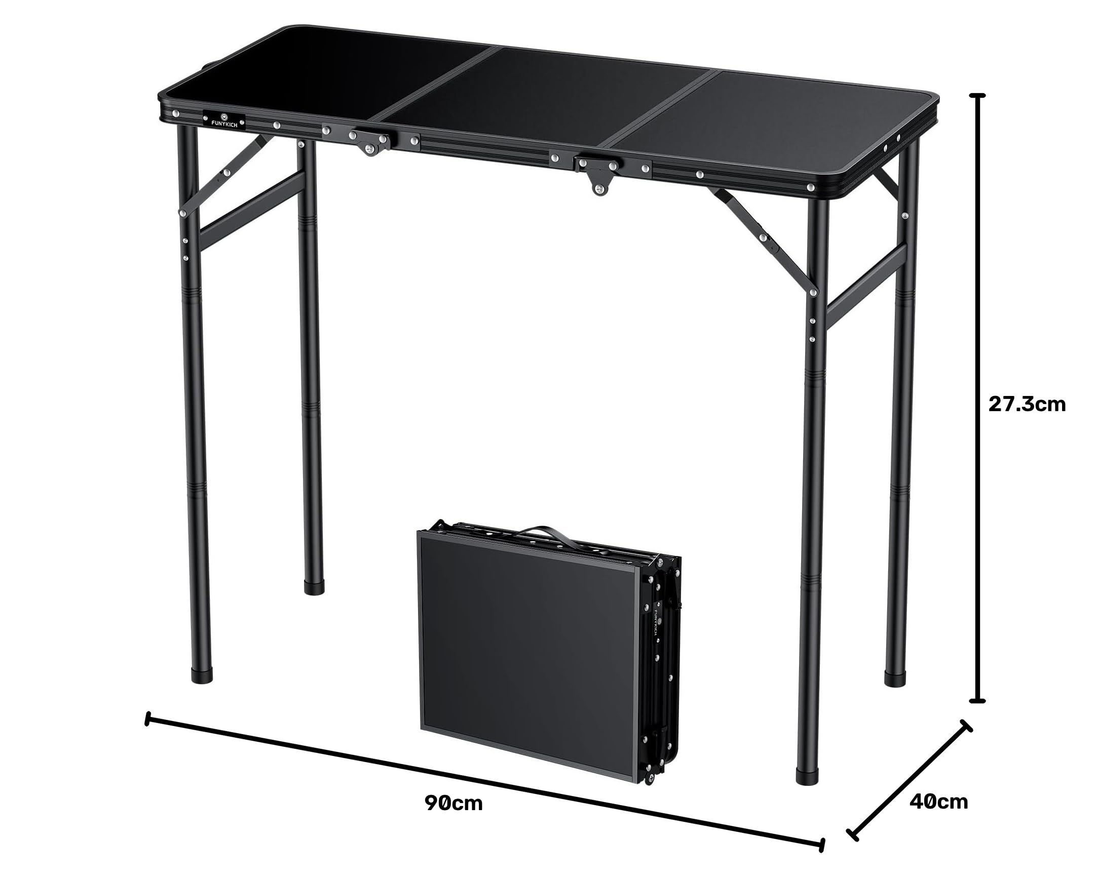 FUNYKICH Składany stół kempingowy z gwintem 90 x 40 cm 3 regulowanymi wysokościami (27/51/75cm), aluminiowy przenośny składany stół, płyta MDF, z torbą do przechowywania, na kemping, wędkarstwo, plażę