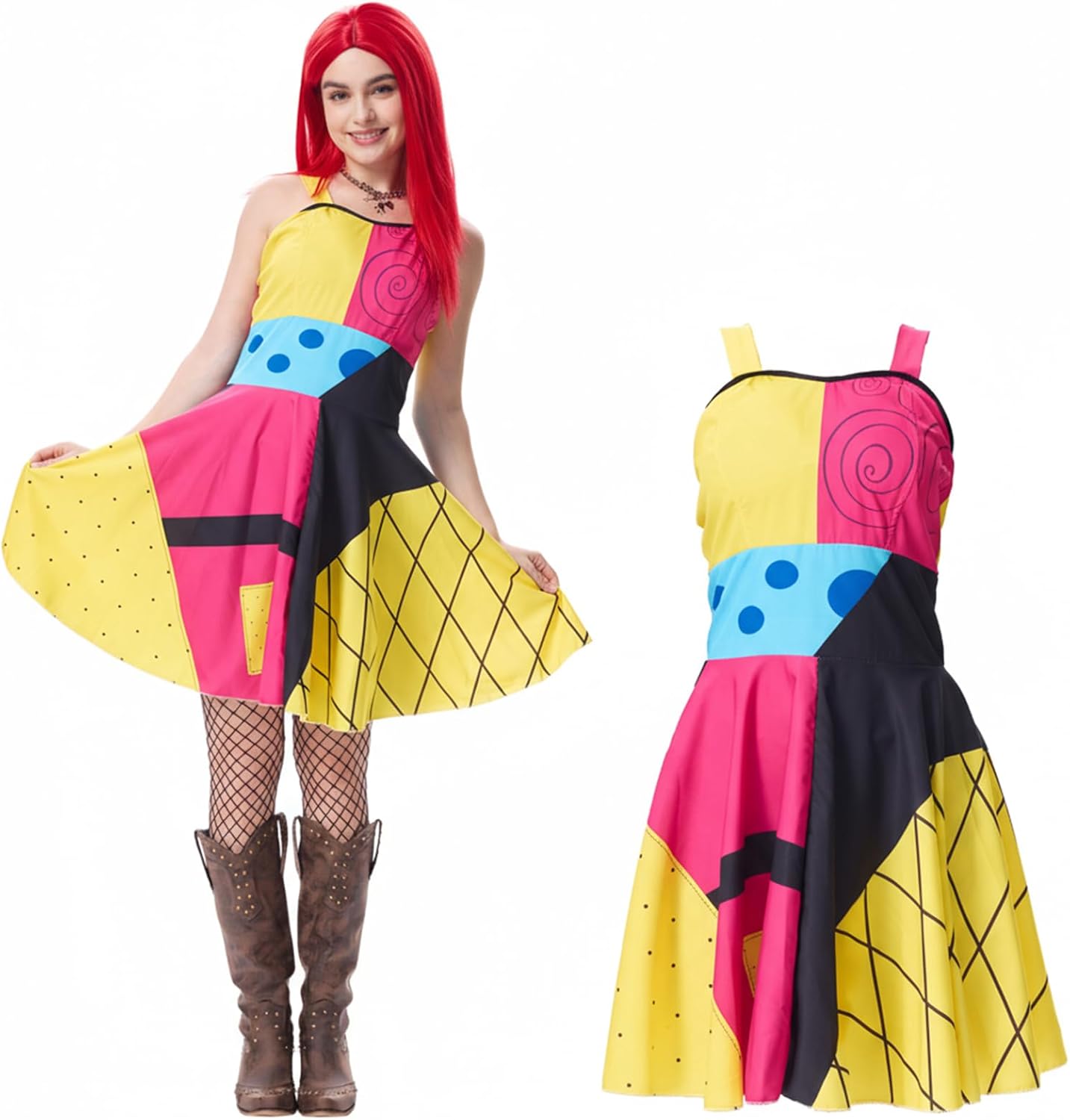 Sally Dress Costume Women with Red Wig Halloween Horror Movie Outfit Creepy Sundress for Halloween Party