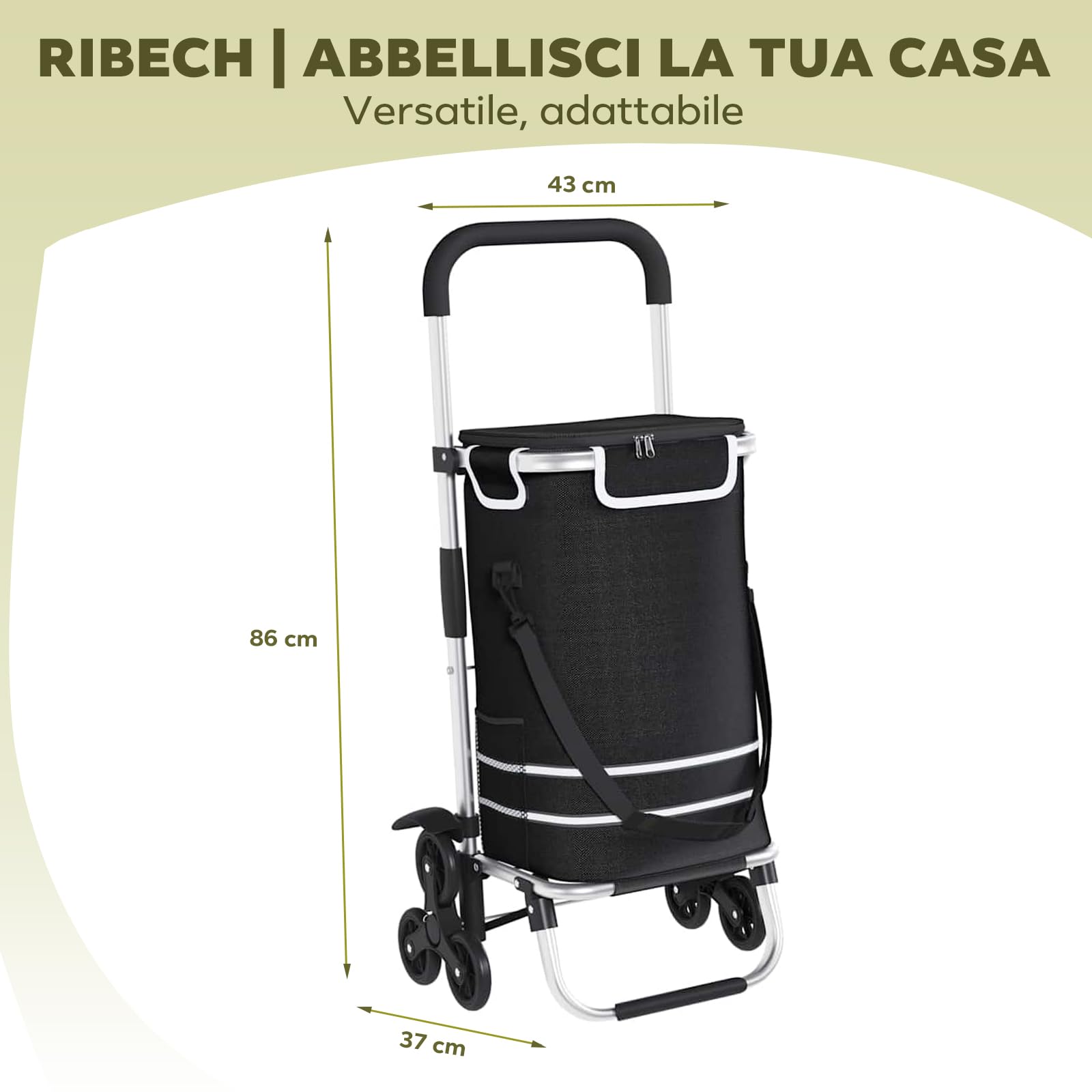 Carrello della Spesa Pieghevole 56L con Comparto Frigo | 3in1 Trasportino come Carriola & Borsa a Mano | Portata fino a 40kg | Telaio Alluminio Resistente e Impermeabile | Nero