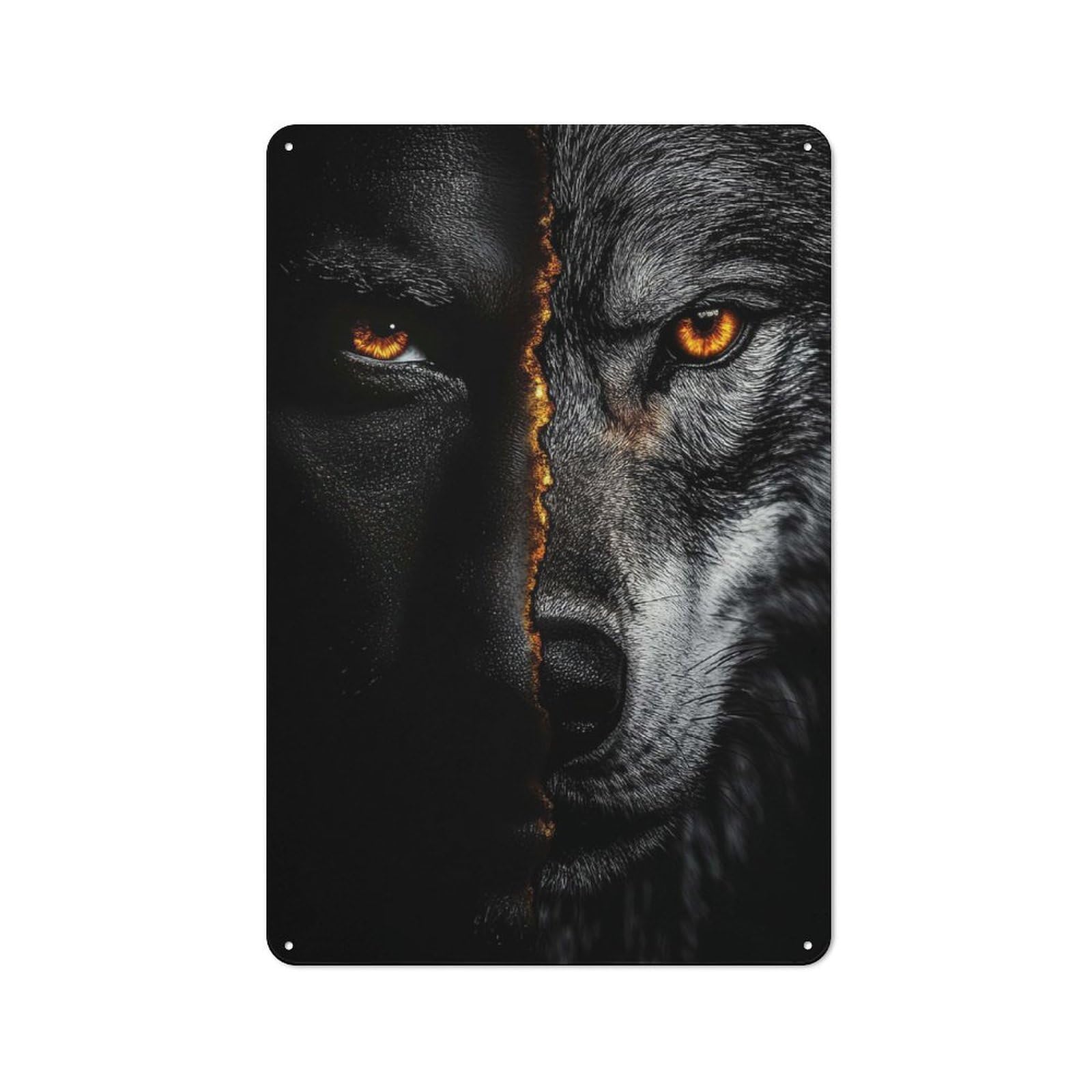 Vintage Tin Sign 30x20cm with Half Wolf Half Human for Living Room Or Hallway, for Metal Sign Collectors, for Vintage Wall Decor Fans