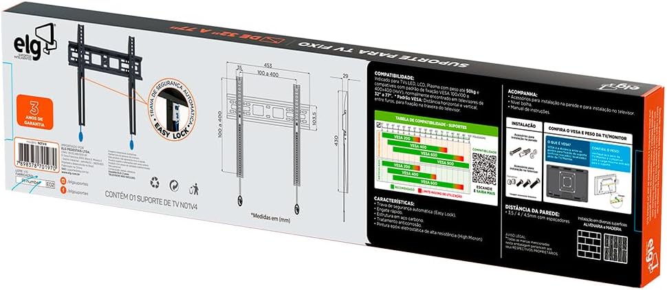 ELG, N01V4, Suporte Fixo de Parede para TVs de 32" a 77", Compatível com TVs Curvas e Planas, Feito em Aço Carbono, Suporta Até 50kg, Preto