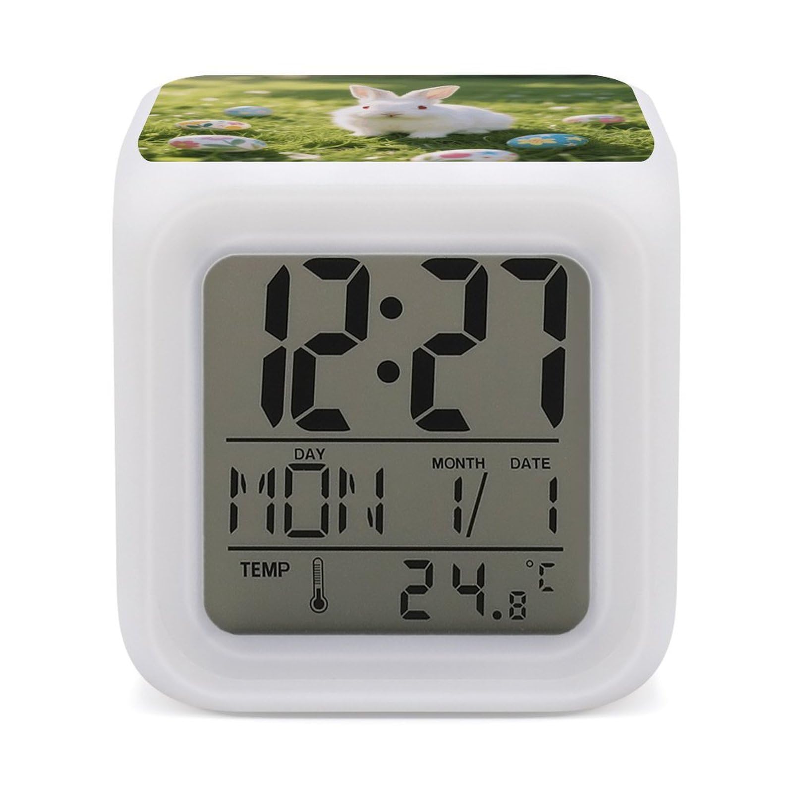 Reloj de escritorio LED infantil de conejo con luces de 7 colores