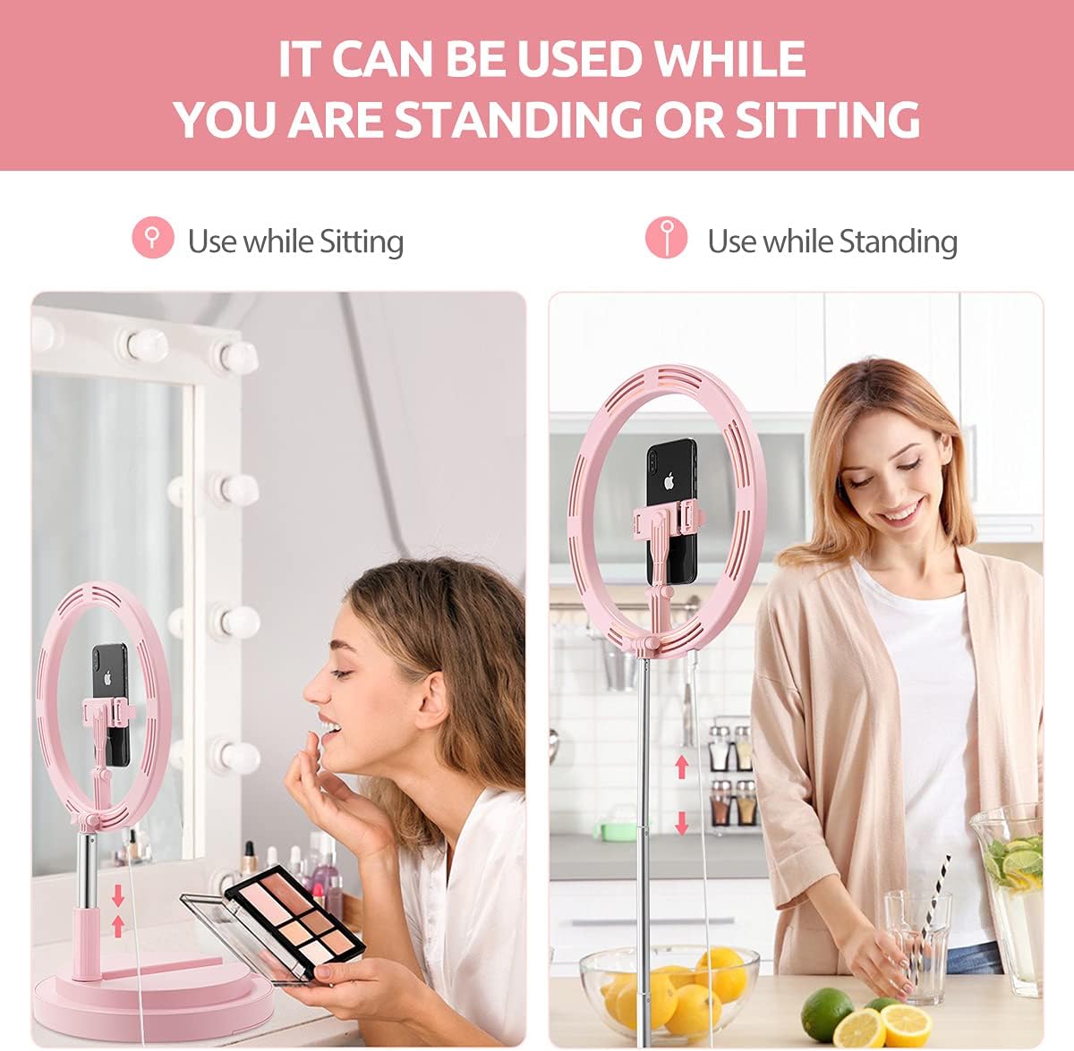 Adjustable 10 Inches Ring Light, JPFS Foldable Travel Ring Light with Stand, 3 Color Modes Selfie Ring Light for iPhone & Android, Led Ring Light for Live Stream/Makeup/YouTube Video, Pink