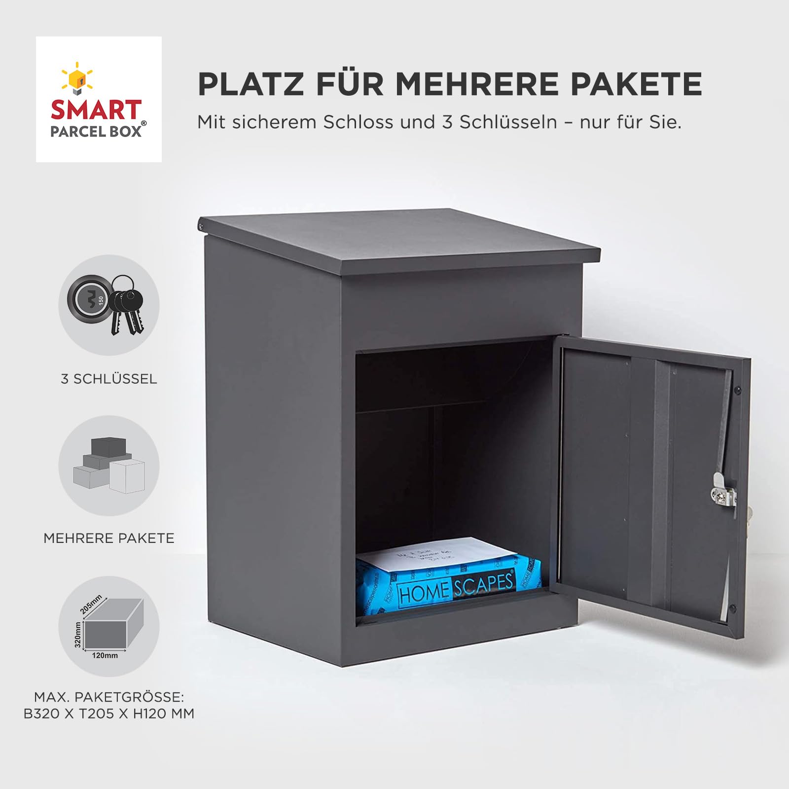 Smart Parcel Box Paketbox M - Paketbriefkasten wetterfest, grau | Postbox für Pakete outdoor, Paketbox draußen, Wandmontage, Front-Entnahme, verzinkter Stahl, rostfrei, pulverbeschichtet