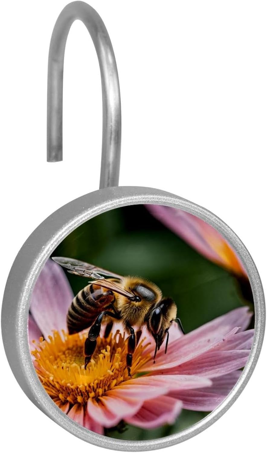 Bee Flower (1) Round Crystal Glass Decorative Shower Curtain Hooks with 3D Pattern Visual, Rust Proof Shower Curtain Rings-12 Pack