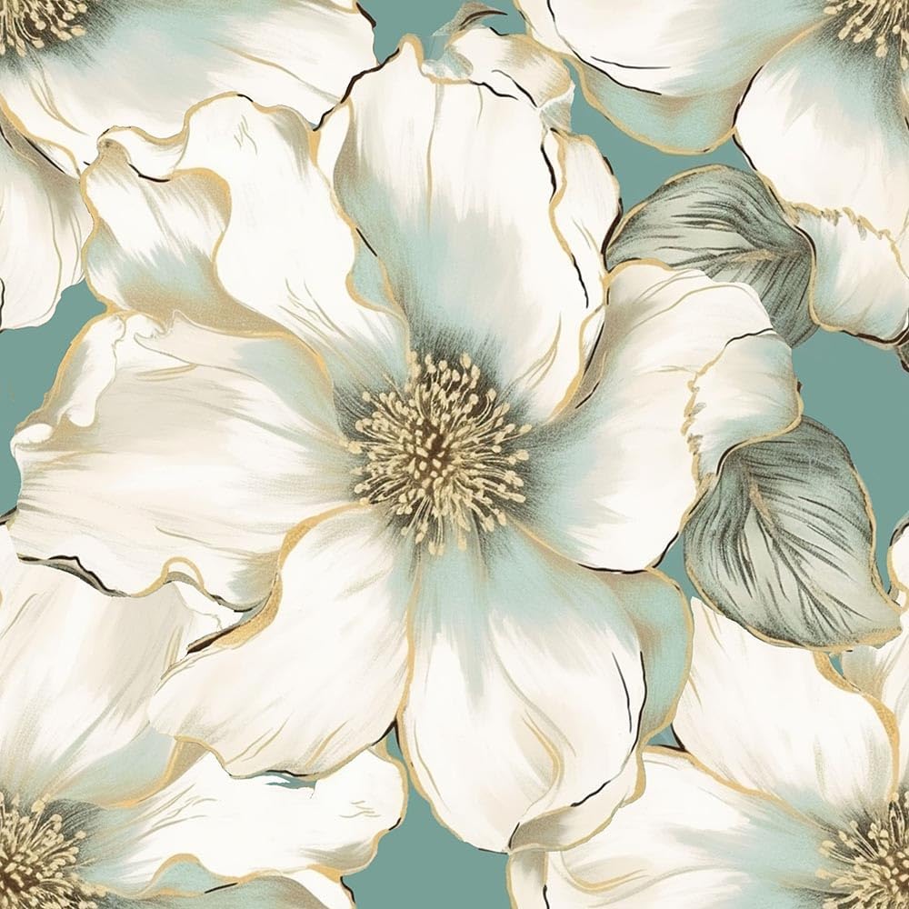 18"x236" White/Gold Large Magnolia Flower Peel and Stick Self Adhesive Wallpaper Removable Contact Paper Stick on Easy Peel Off Wall Paper for Kitchen Bedroom Bathroom Renter