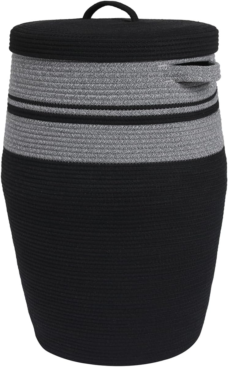 26" x 20" Handcrafted Tall Cotton Rope Basket with Lid, Stylish Flagon Shape with Cover, Clothes Hamper with Top, for Bedroom and Living Room, Grey Mix/Black