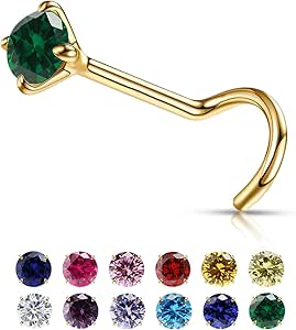 Small Gold Birthstone Nose Stud for Women 20G, Hypoallergenic Nostril Solid 3mm Round CZ Nose Rings Studs for Women Tiny Gold Nose Piercing Jewelry