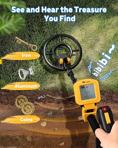 Image of RM RICOMAX Kids Metal Detector, 7.4 inch Search Coil, LCD Display, IP68 Waterproof, 2 Lb Lightweight, 24 to 35'' Adjustable Metal Detector for Kids, Exploration Hiking, Best Toy for Boys, Yellow