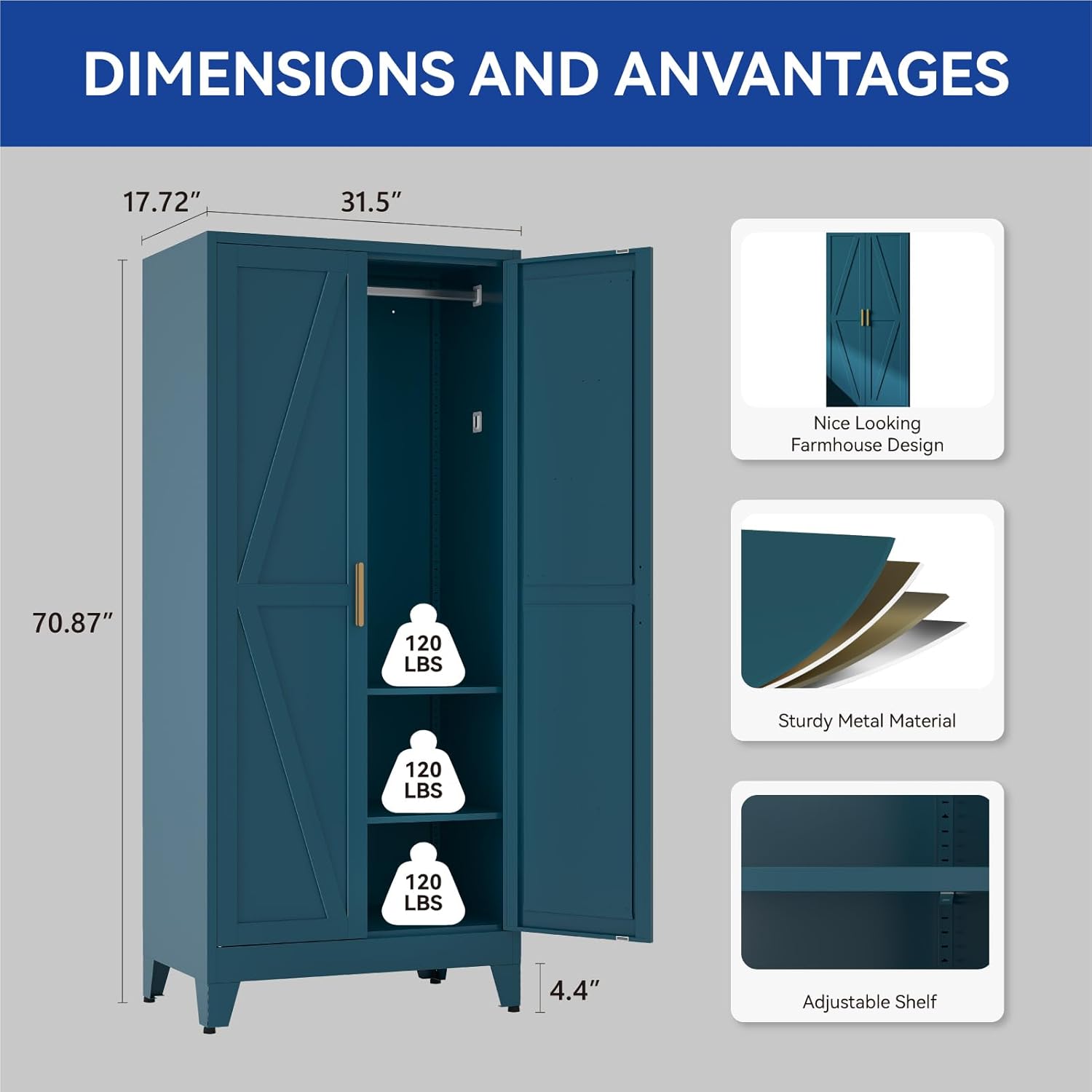 Diagram showing product dimensions and features like adjustable shelves