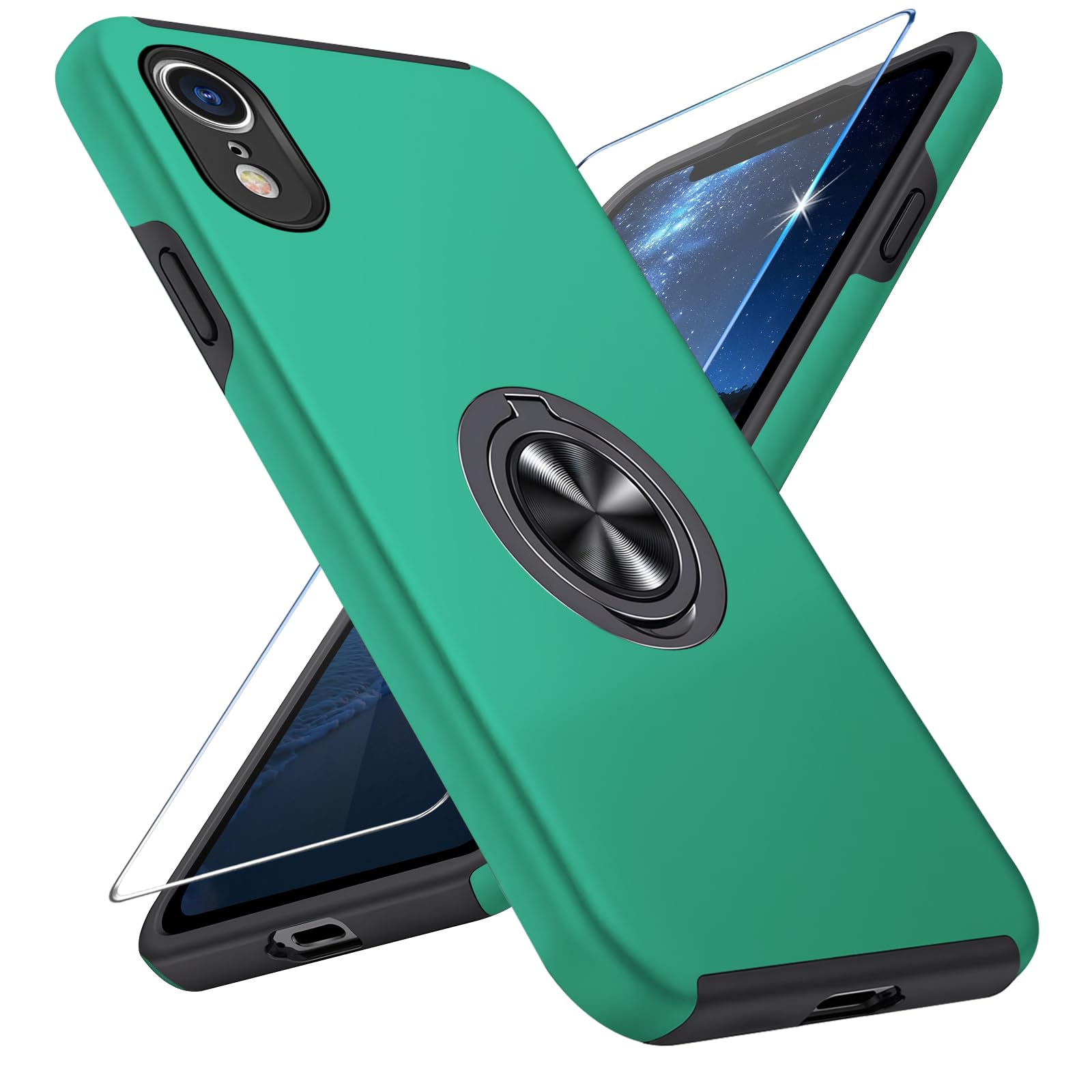 Vaki Handyhülle für iPhone XR Hülle mit Schutzfolie, Schutzhülle Case mit 360° Magnetischer Ring Ständer Kratzfest Fallfestigkeit Stoßfest für iPhone XR Cover (Grün)