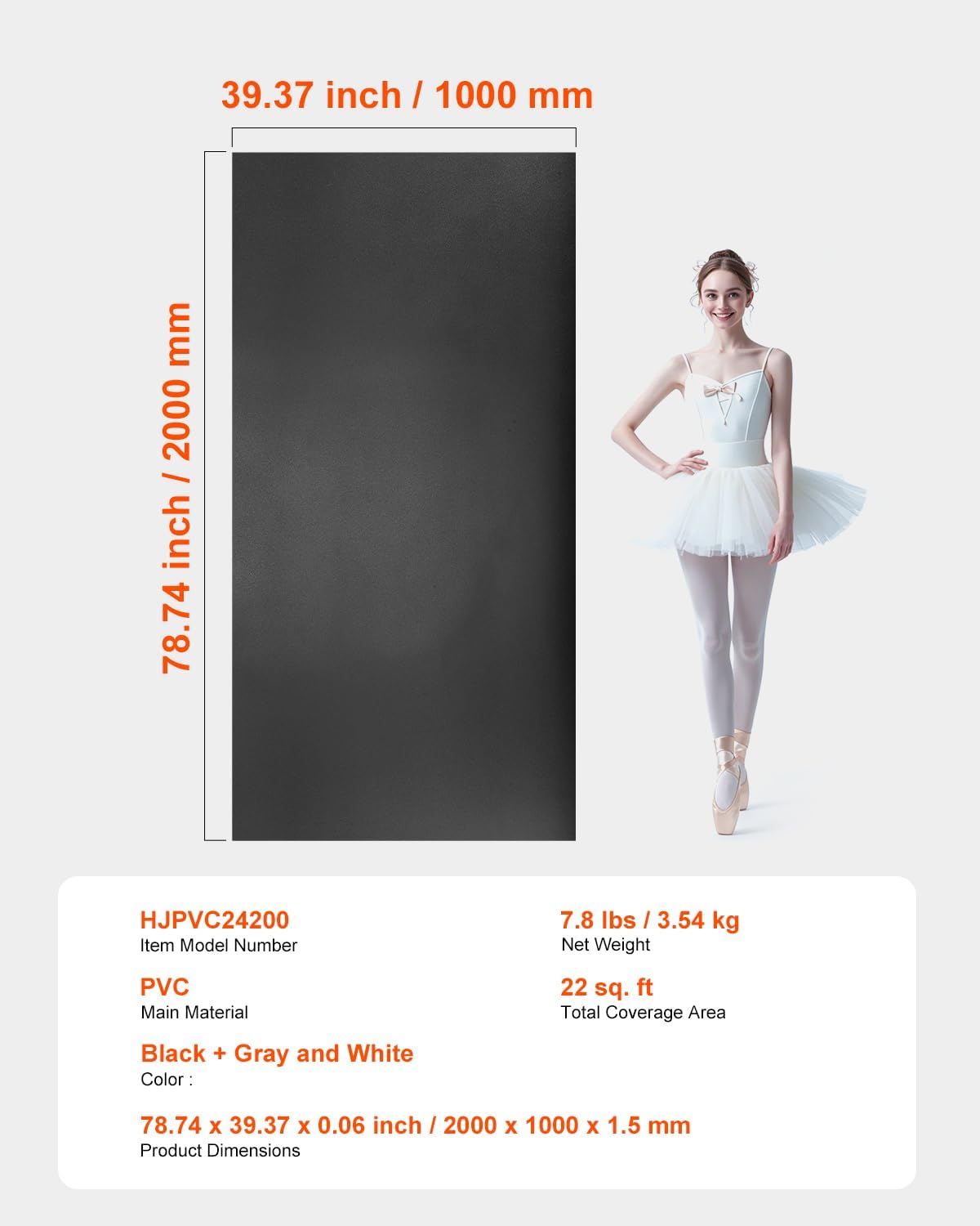 VEVOR Dance Floor Roll, 1.5mm PVC Dance Flooring Marley Dance Practice Floor Portable Grey/Black Roll Out Dance Floor Non-Slide & Wearproof Dance Mat for Ballet(6.6 x 15.7 ft, 6.6 x 49.2 ft)