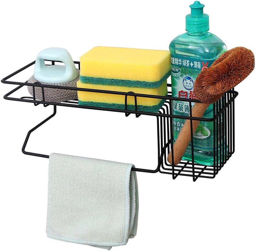 YCOCO Kitchen Sponge Holder,sink caddy with soap dispenser and Sink Brush Caddy Soap Dishwashing Liquid Drainer Rack, Kitchen Sink Sponge Basket with Adhesive,Pack of 1