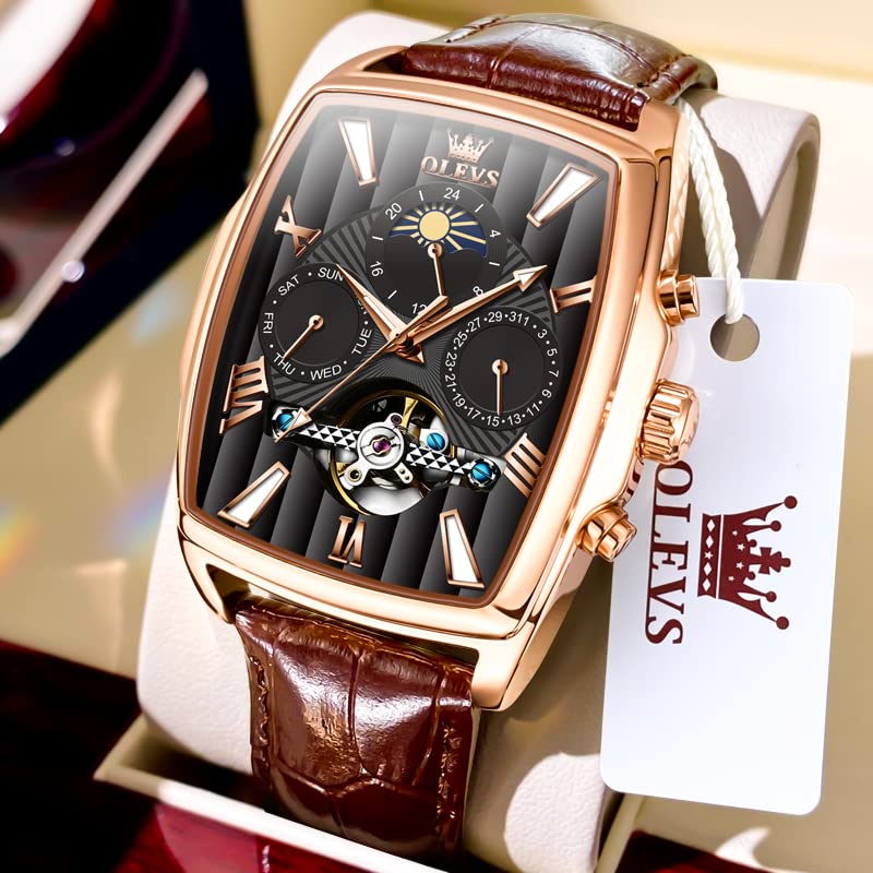 Image of OLEVS Mechanical Dress Mens Watches Square Brown Leather Strap Moon Phase Skeleton Tourbillion Day Date Waterproof Luminous Men's Wrist Watches