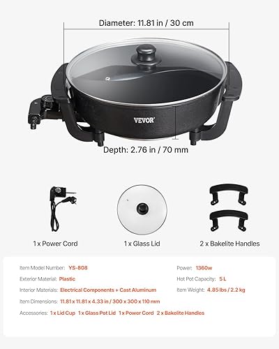 Miniatura 7 de VEVOR Olla caliente eléctrica, olla Shabu Shabu Shabu de doble sabor de 1360 W, 5 L, cocina eléctrica antiadherente con divisor, tapa de vidrio