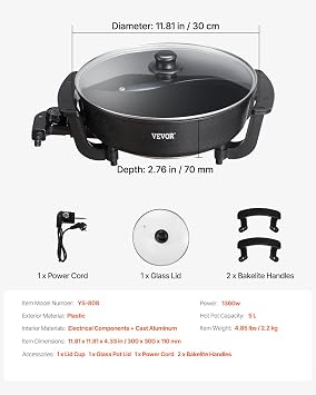 VEVOR Electric Hot Pot, 1360W 5 L Double-flavor Shabu Shabu Pot, Non-Stick Electric Cooker with Divider, Clear Glass Lid, Temperature control, Chinese Hotpot for 6-10 People Family Dinning & Party