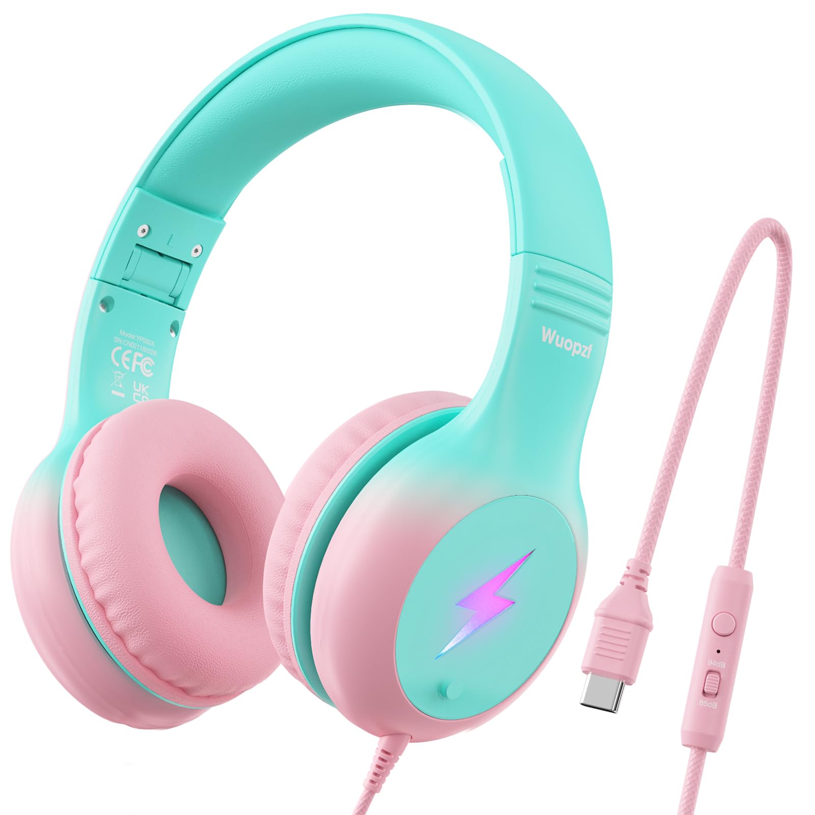 Dziecięce słuchawki USB C do szkoły, ulepszone bezpieczne słuchanie, przewodowe słuchawki nauszne ze światłami LED, ogranicznikiem głośności i mikrofonem, składana konstrukcja do iPhone'a 16