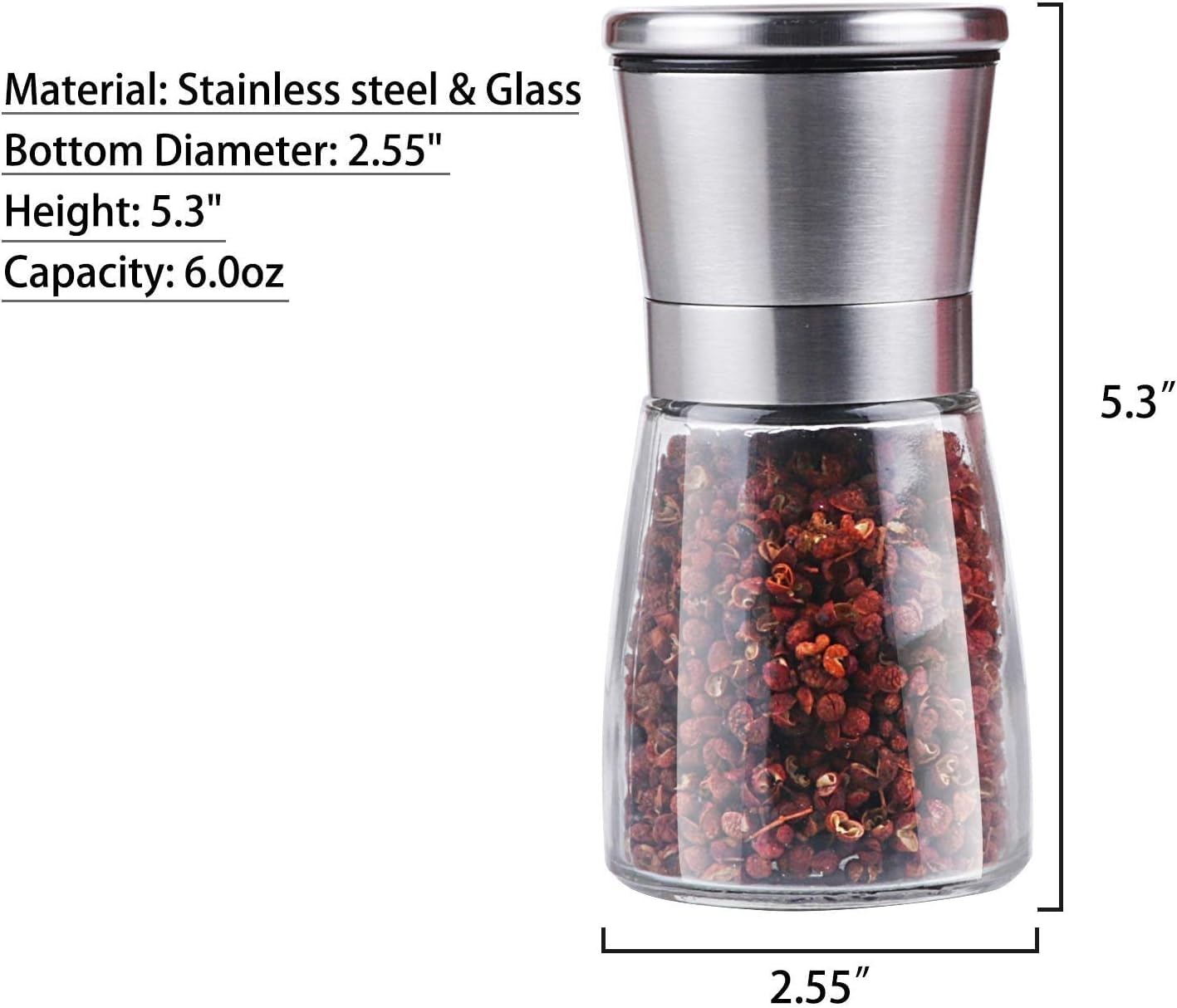 Molinillo de sal y pimienta de acero inoxidable 304, cuchillas de cerámica mejoradas y grosor ajustable, molinillo de cerámica de especias de 3/4 taza (paquete individual)