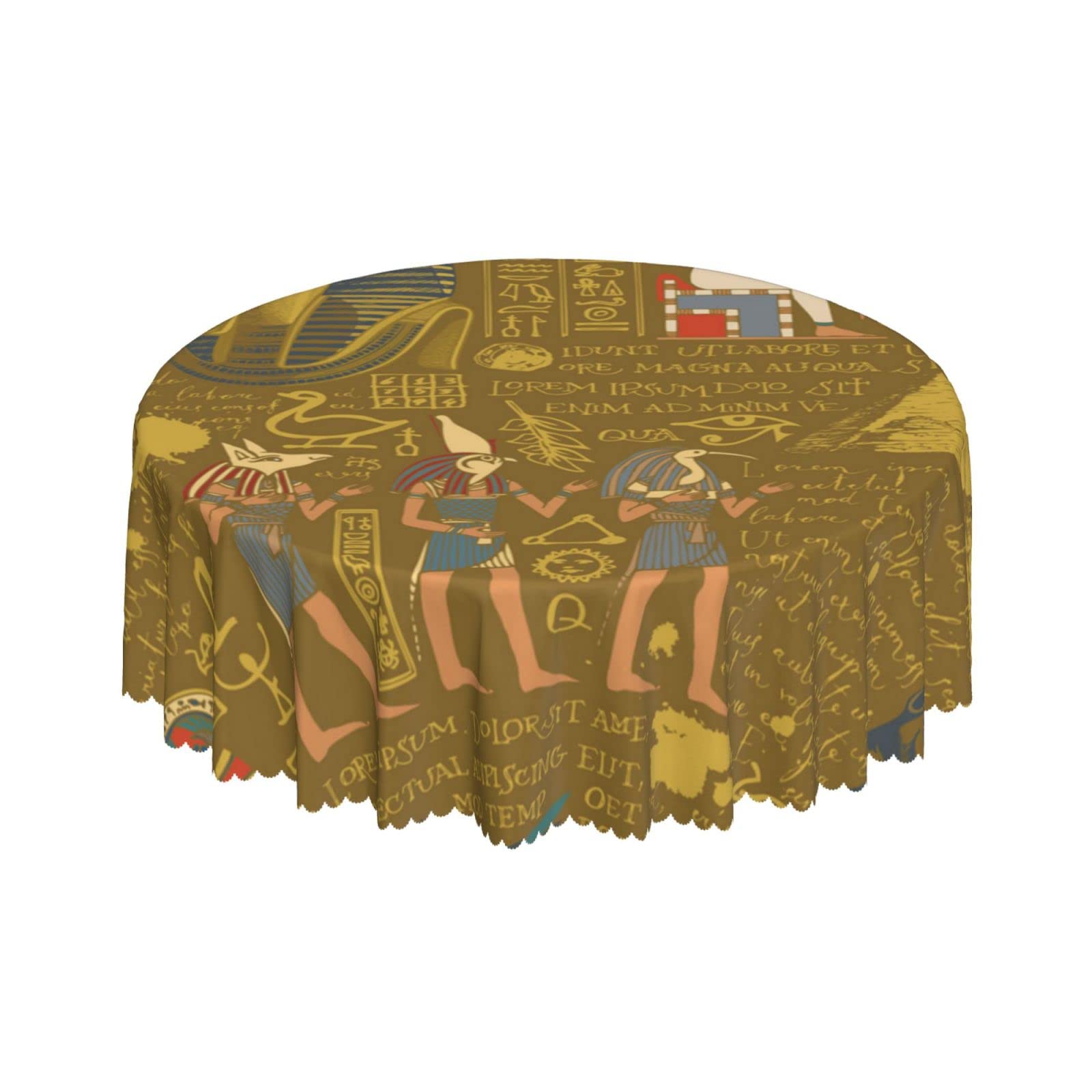 Lsjuee Ancient Egypt Style Golden Round Tablecloth 60 Inch Printed Washable Tablecloth for Dining Party Holiday Fall Home Decorative