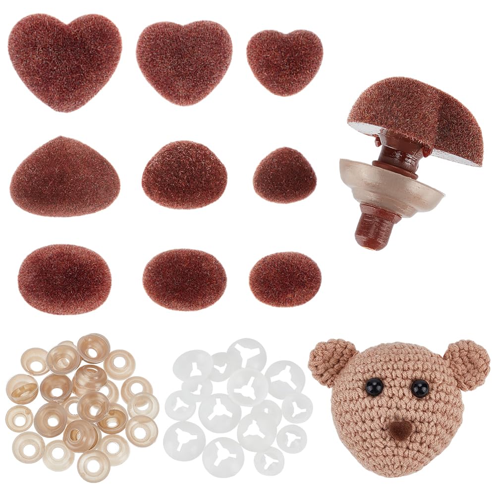 PH PandaHall 36 Sets Flocking Safety Noses 3 Styles Brown Amigurumi Noses Heart Velvet Noses Crafts Stuffed Crochet Animal Noses with Washers for DIY Sewing Crafting Puppets Bear Plush Animal Crochet