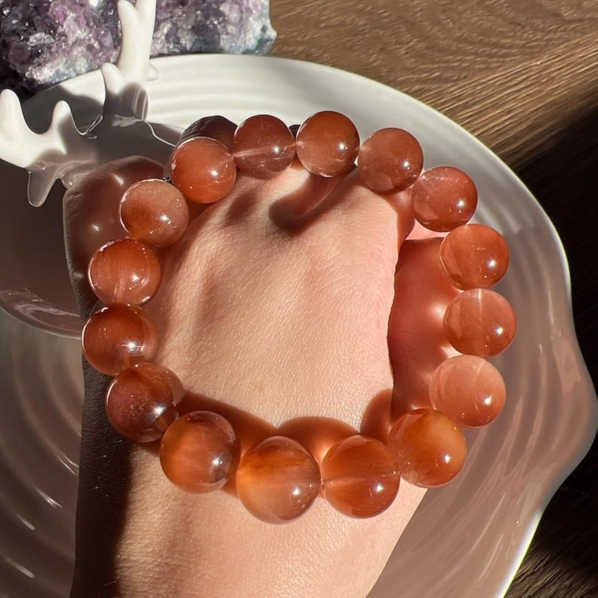 Unisex Natural Rutilated Quartz 14mm Round Bead Stretchable Bracelet
