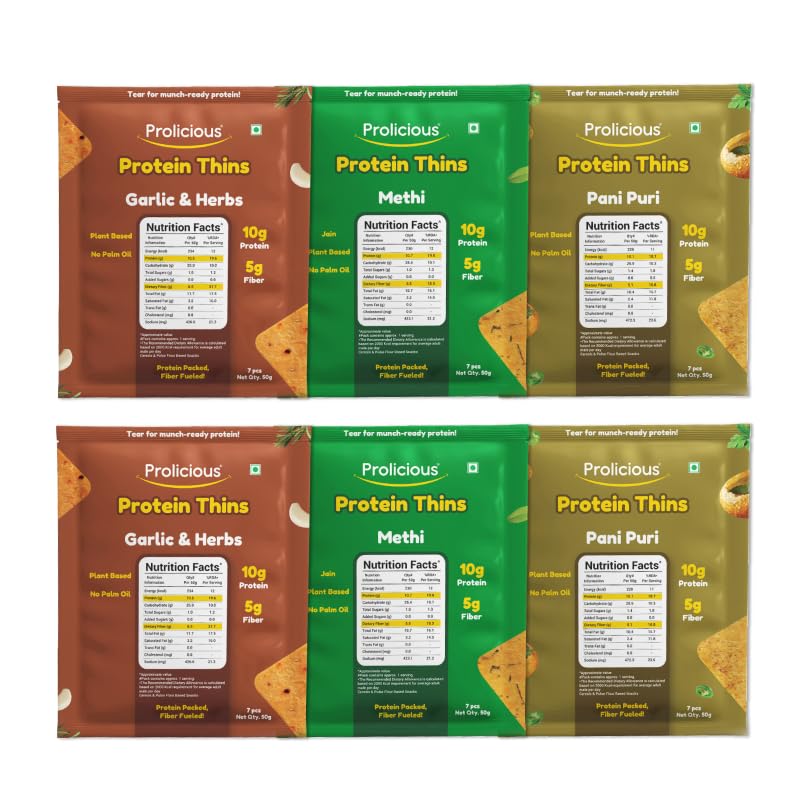 Image of Prolicious High Protein & High Fiber Chips Combo | Good For PCOS & Weightloss | 3 Flavours | No Palm Oil | Crispy & Delicioius | Natural Ingredients | 50g Each, Pack of 6