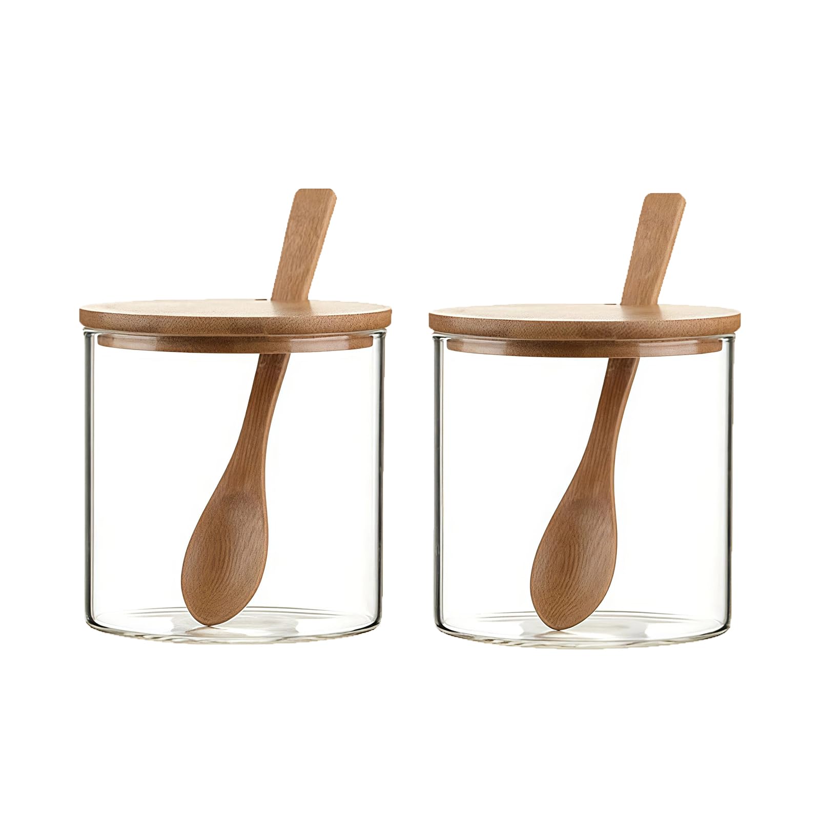 QUUPY Lot de 2 bocaux en verre transparent de 300 ml/10 fl oz avec cuillères et couvercles, récipients à épices et assaisonnements pour la cuisine, la cafétéria et le comptoir, ensemble de pots pour