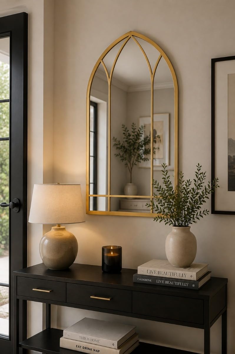 Large Gold Metal Framed Arched Wall Mirror - 32"" X 19"" 83x48cm MirrorOutlet