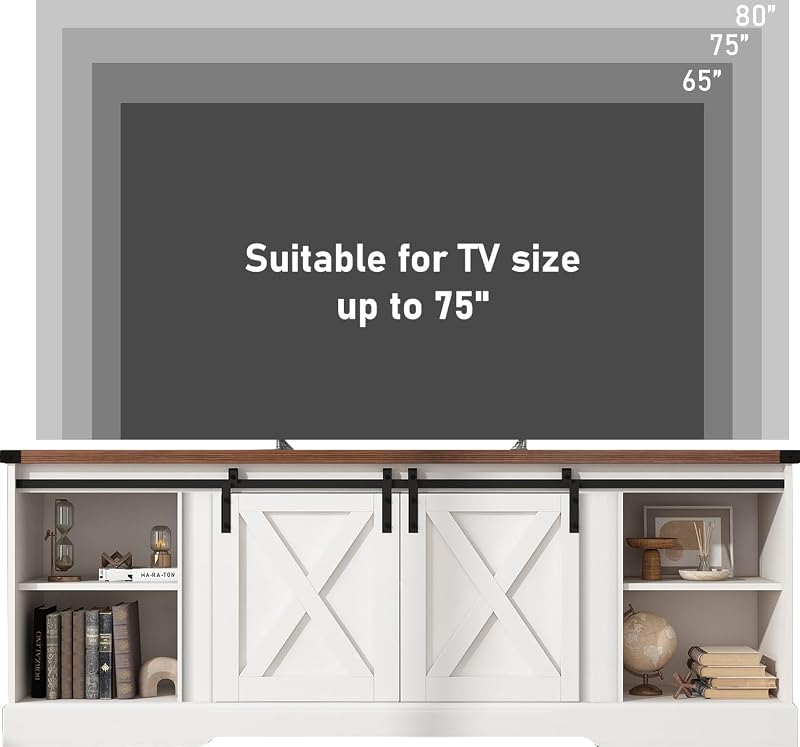 Hlivelood Farmhouse TV Stand for 70/75/80 Inch TV, 70 inch Entertainment Center Storage Cabinets with Sliding Barn Doors, Media Console Cabinet for Living Room, White image 6