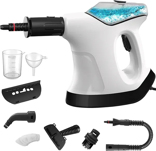 Handheld Steam Cleaner, 10S Immediate Heat Hand Held Steam Cleaner for Home, with Visualized Large Water Tank & 9 PCS Accessories & Safety Lock, for Window,Car,Kitchen,Couch,Floor (WHITE+BLACK)