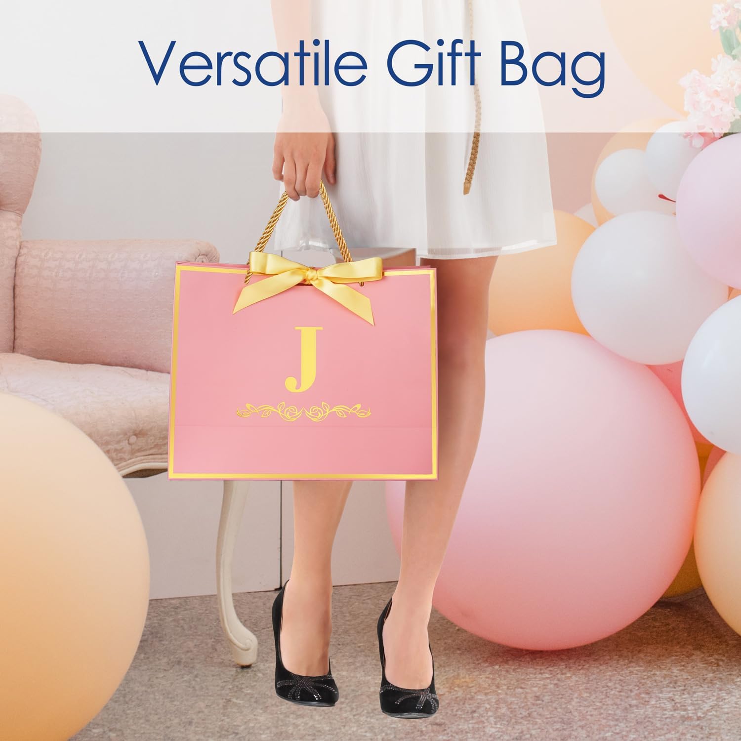 Initial Birthday Gift Bag with Card and Tissue Paper for Women/ Her, 13" Large Pink Gold Personalized Alphabet Bow Bag, Birthday Decorations for Women, Bridal Party Paper Bags for Gifts Wrapping - Image 5
