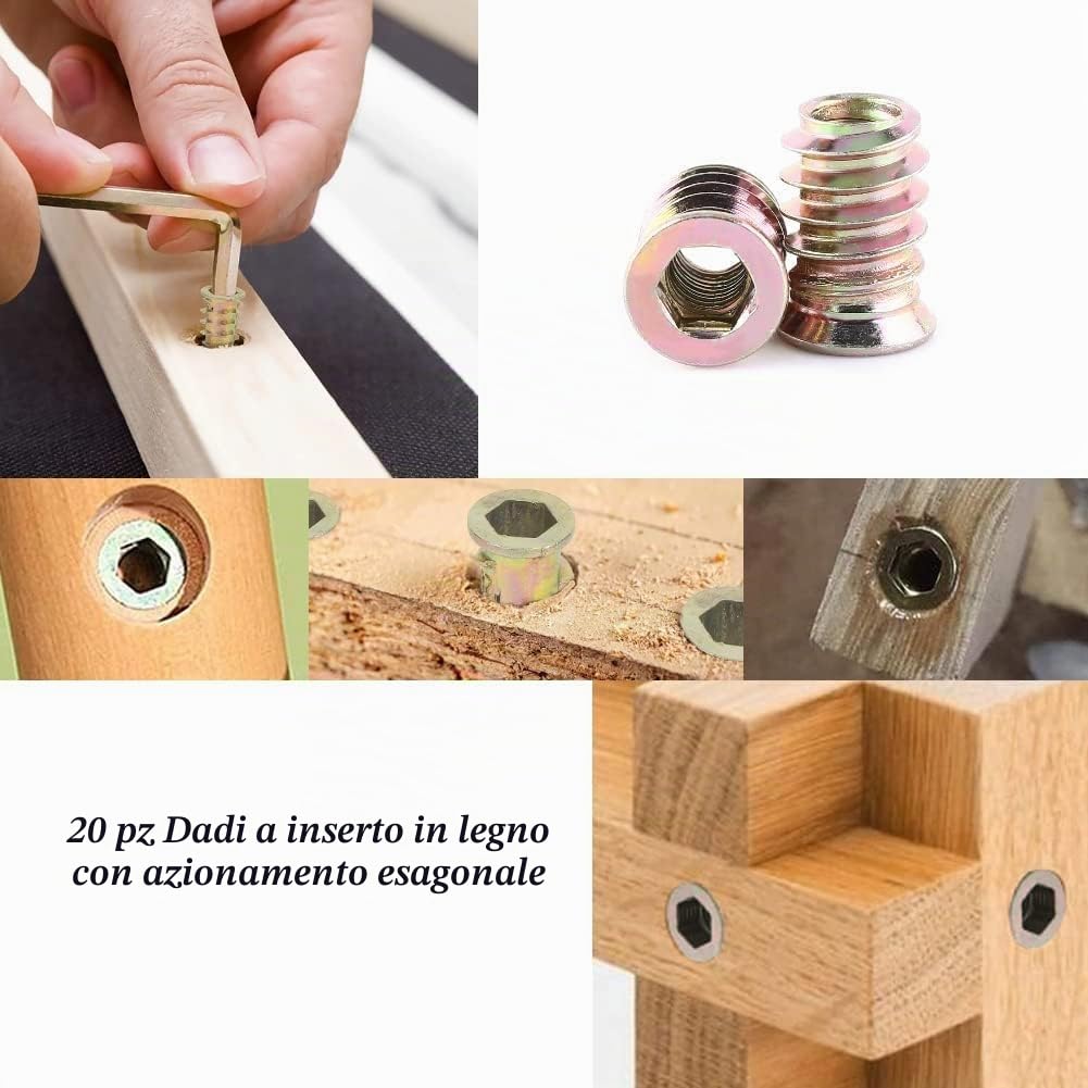 20 Pezzi Inserti Filettati M8 per Legno, Dado in Acciaio al Carbonio con Esagono Incassato per Mobili (M8*20mm)