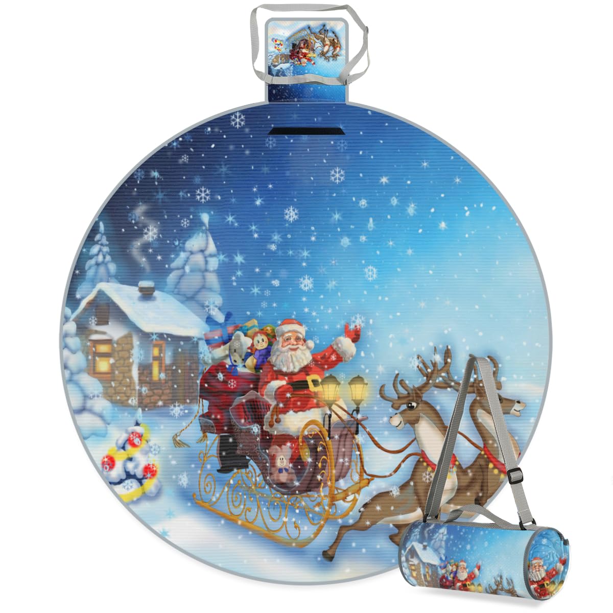 Shimoshe Winter Santa Christmas Sleigh Christmas House Picnic Outdoor Blanket Foldable Waterproof Sandproof Beach Blanket Portable Water-Resistant Round Picnic Mat for Travel Camping Park Lawn