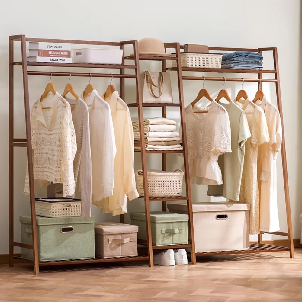 Portant à vêtements en bambou 160x40x140 cm avec étagères de rangement Sto