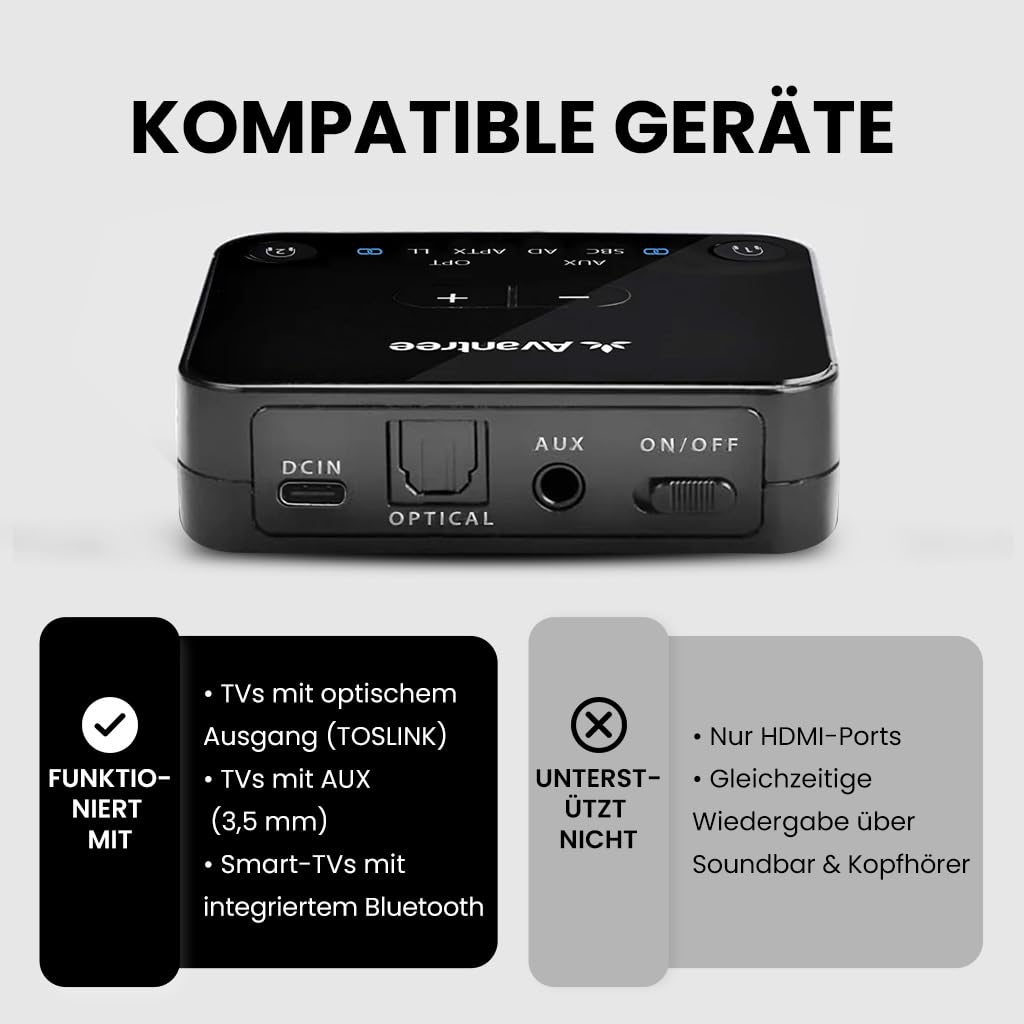 Avantree HT41899 Plus 2 – Dual Bluetooth 5.3 Kabellose Kopfhörer für Fernseher, mit Sender & Lade-Docks, 50 Std. Laufzeit, aptX Adaptive, kompatibel mit TVs (Opt. oder AUX-Out)
