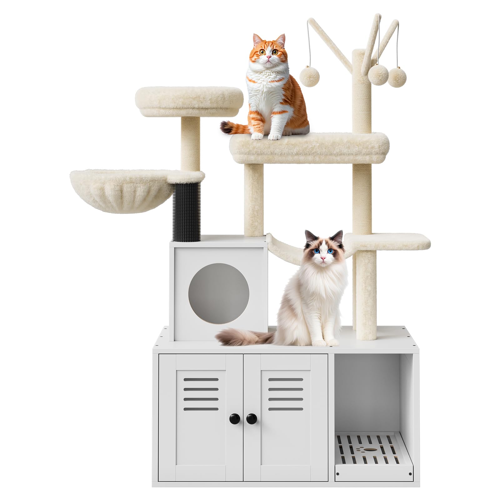 Möbel für Katzentoilette mit Kratzbaum aus Holz, Abdeckung für Katzentoilette und Kratzbrett, kombiniert, 2-in-1, mit integrierter Hütte & Kuschelplattform, modernes Katzenmöbel für Spielzeug und