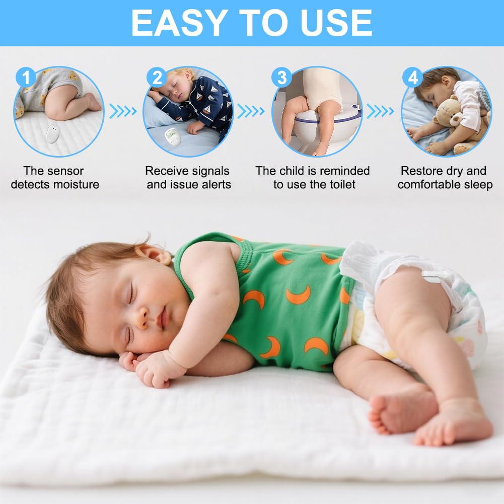 Drahtlose Bettnässen Alarm, Piss-Alarm mit Empfänger & Clip-on-Sender, Bettnässer Alarms für Jungen und Mädchen, USB Wiederaufladbar, Bettwäschesensor für Kinder, zur Überwindung von Bettnässen (B)