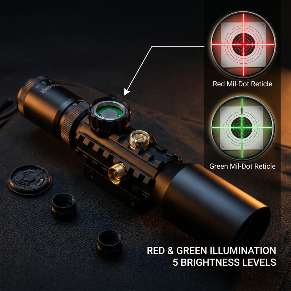 Lunettes de Visée 3-10x42E, Réticule Rouge Vert Double Illuminé Zoom Variable, Corps Aluminium Étanche Anti-Choc Rail Picatinny, pour Tactique Chasse Airsoft Arbalète Tir Sportif