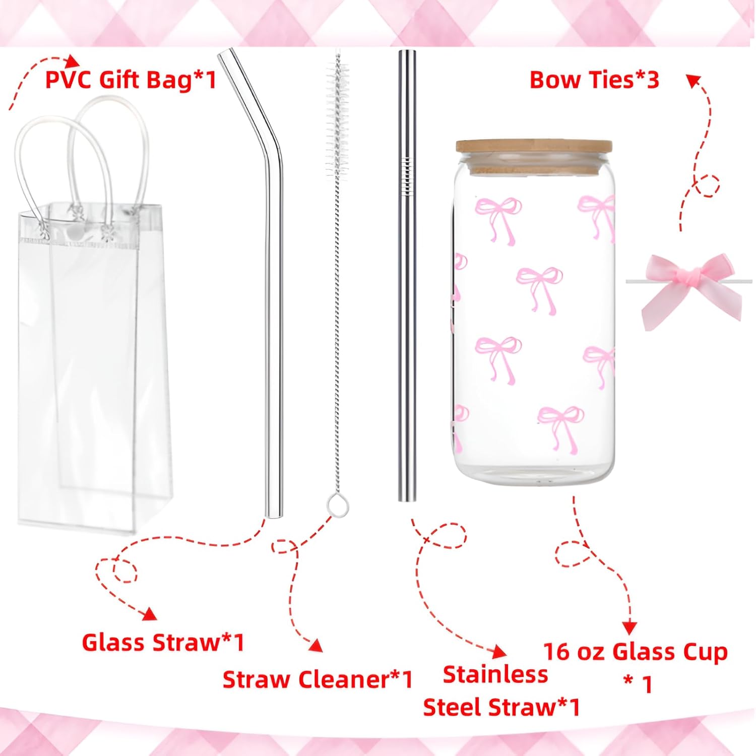 Coquette Bow Glass Cup with Clear Gift Bag,16 oz Iced Coffee Cup with Lids and Straws, Aesthetic Glass Tumbler Smoothie Cup Beer Drinking Cup for Girls/Bestfriend/Sister/Girlfriend/Mom - Image 3