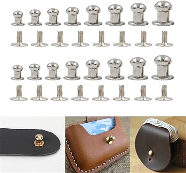 100 Set Stainless Steel Leather Rivets Cap, Round Head Button Stud Screws, Slotted Screws Metal Studs Nail Rivet Leather Rivets Craft Belt for DIY Craft Leather Craft Repairs Decoration