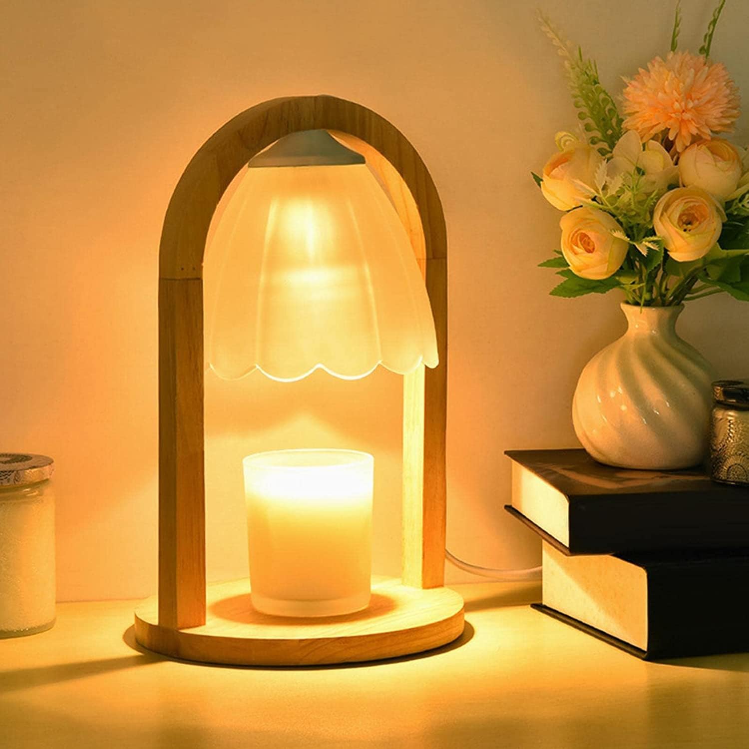 OLOTU Candle Warmer Lamp Candle Lamp Creative Wooden Melting Wax Lamp with Timer Dimmable Candle Warmer Lamp Bedside Night Light Candle Melter Home Decoration