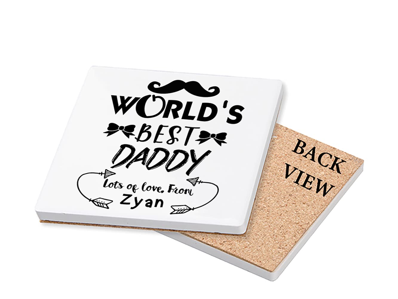 Giftme Ceramic Coaster Personalised World's Best Daddy Fathers Day Moustache/Bow Love Any Name Funny Gift For Dad Birthday Coaster, Tableware, Drinks Coffee-Tea Coaster. (Ceramic Coaster)