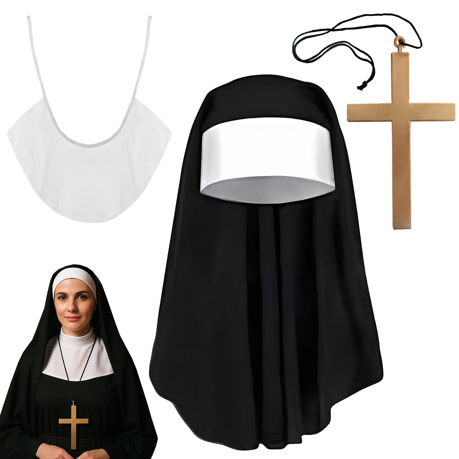 shirylzee 3 Pieces Halloween Nun Costume Accessories, Nun Costume Women Include Headpiece
