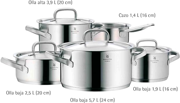 WMF Gourmet Plus 9-Piece Cookware Set, Stainless Steel Suitable for Induction, 1 Low Saucepan 20 cm, 3 Saucepans 16 cm, 20 cm and 24 cm, 1 Saucepan 16 cm with 4 Stainless Steel Lids