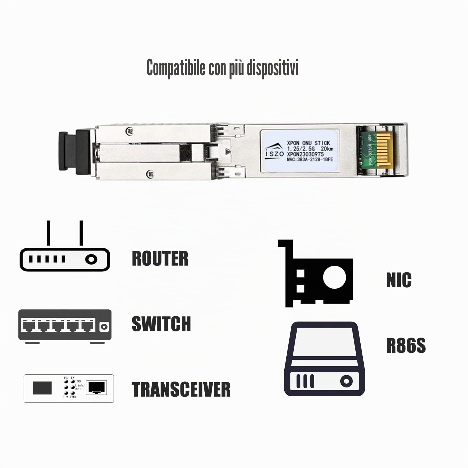 iszo 1.25G/2.5G XPON/GPON/EPON ONU, SFP Stick ONU, supporto MAC SN LOID Modifica, porta SFP, per switch di rete/router/convertitore multimediale, modem in fibra ottica
