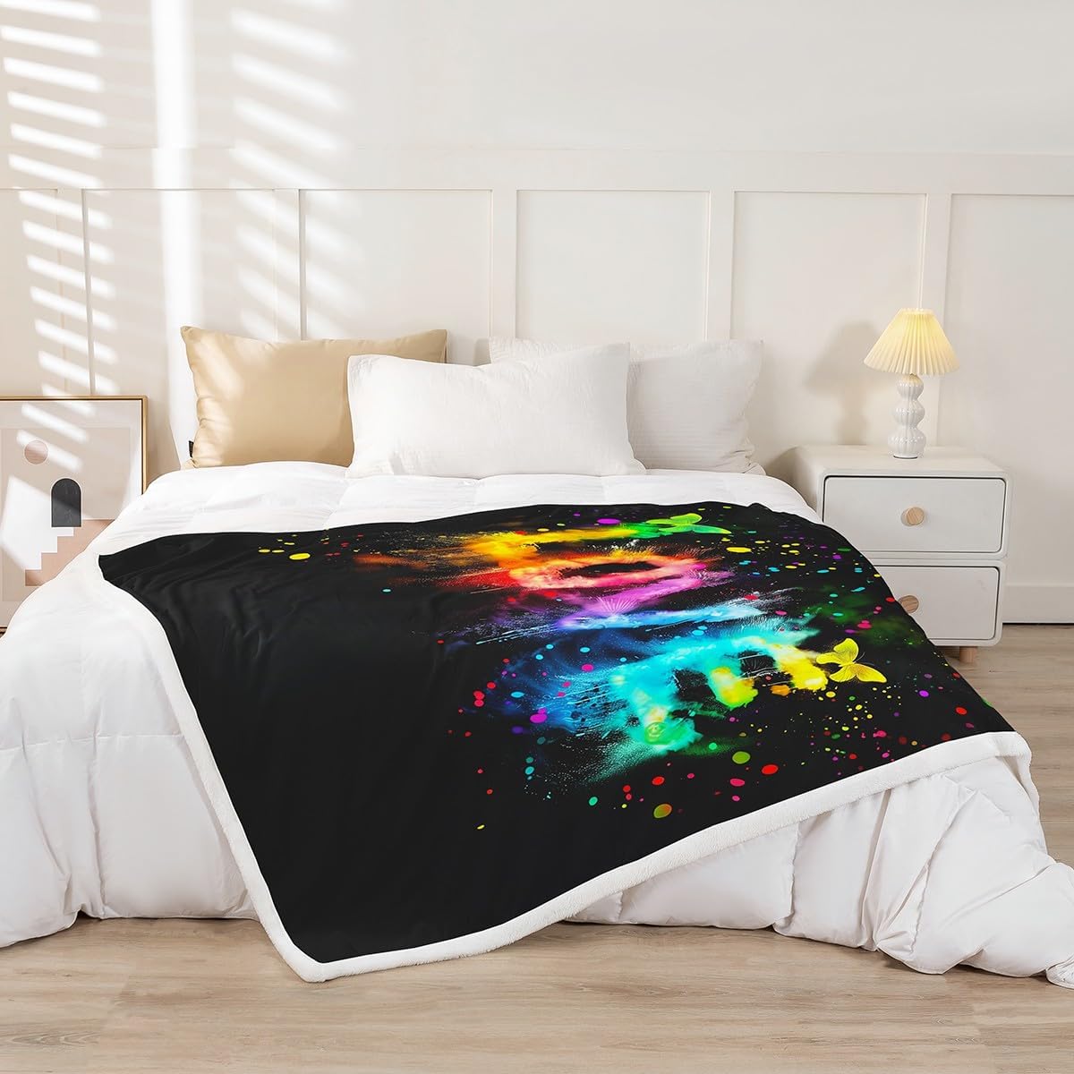 Watercolor Love Print Kids Flannel Blanket,Valentine's Day Theme Black Fuzzy Blanket for Children,Butterfly Animal Tie Dye Graffiti Polyester Throw Blanket for Couch, Twin Size (60 x 80 Inch)