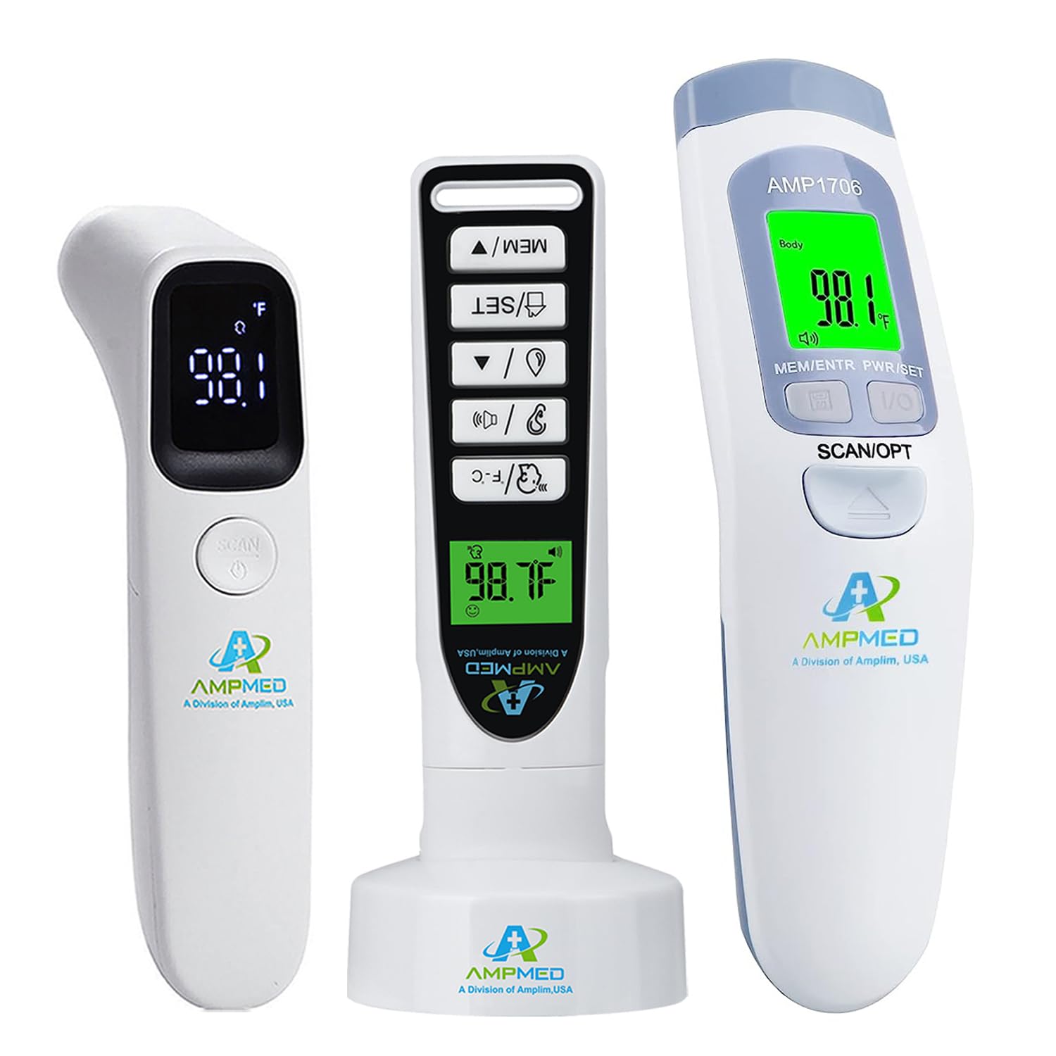 AMPLIM F1 W2 AMP1906 Non-Contact Touchless Infrared Digital Forehead Thermometer Bundle for Adults and Babies