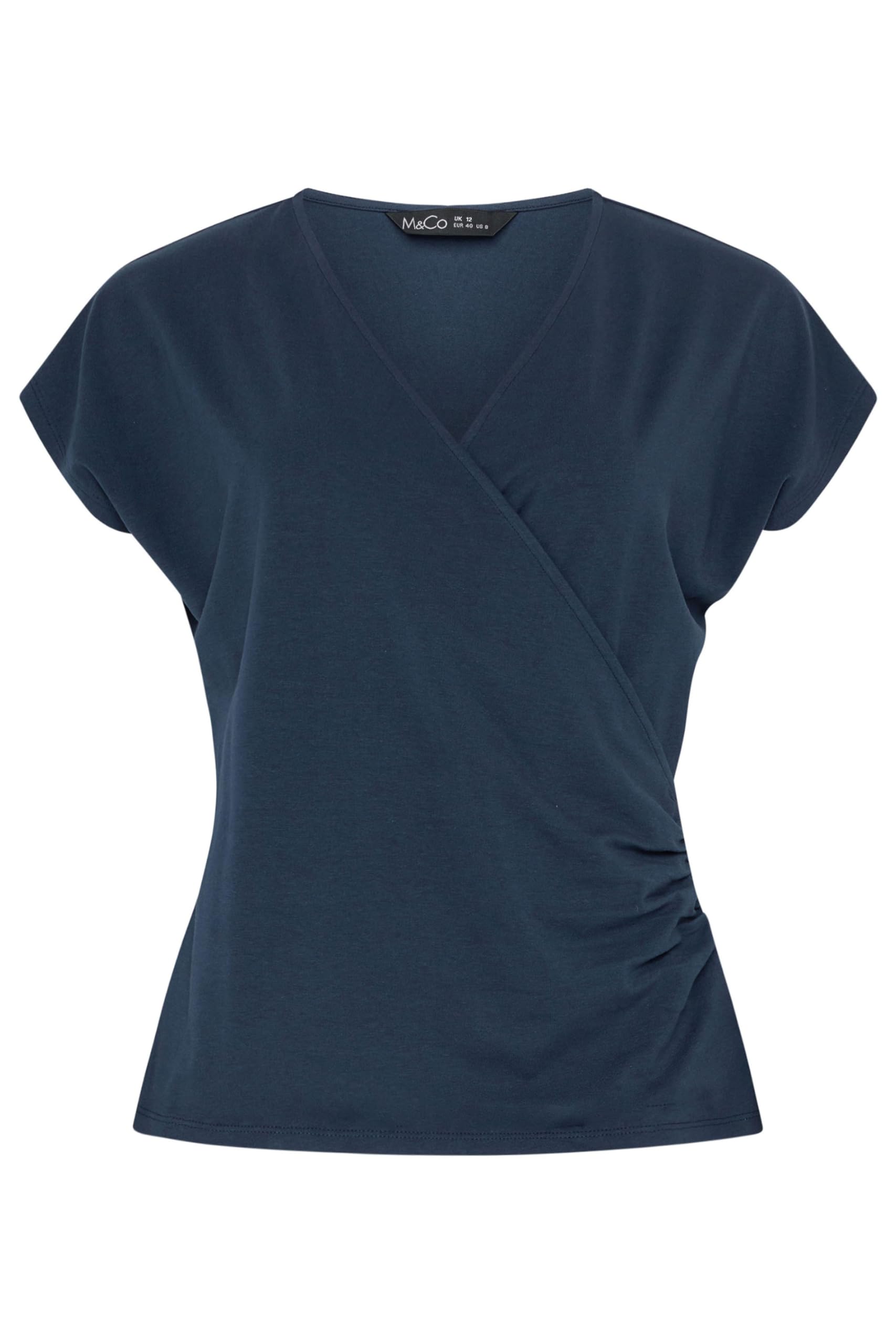 M&Co Women's Blue Navy Short Sleeve Wrap Top