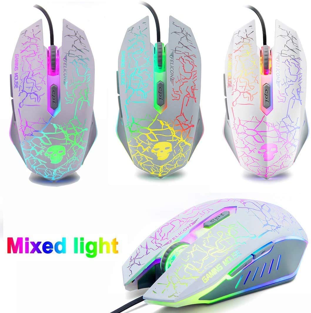 Clavier de Jeu USB rétroéclairé Filaire+Souris de Jeu LED Arc-en-Ciel Optique à 6 Boutons 2400 DPI+Casque de Jeu stéréo+Haut-parleurs RVB+Tapis de Souris Ensemble 5 en 1 (Blanc)